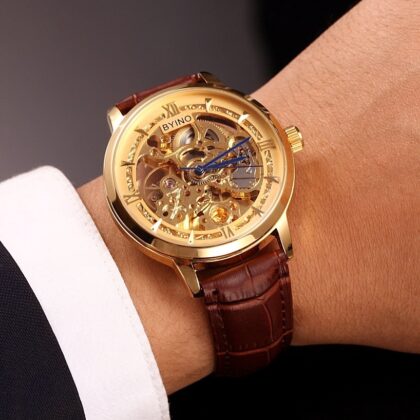 Authentic Mens Casual Leather Hollowing Automatic Mechanical Watches Through The End Of The Golden Youth Men’s Wholesale Waterproof