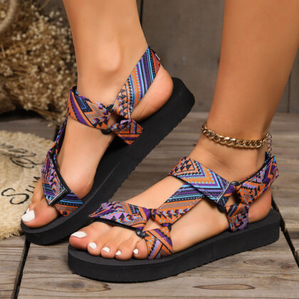 Printed Velcro-design Sandals Summer Ethnic Style Thick Flat Sandals Women’s Fashion Casual Beach Shoes